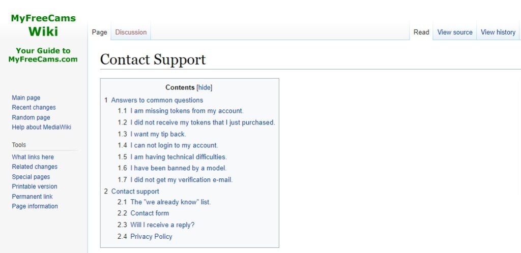 Screenshot MyFreeCams Wenden Sie sich an den Support