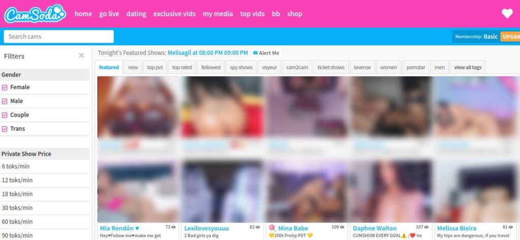 CamSoda Hauptseite mit Cam Girls