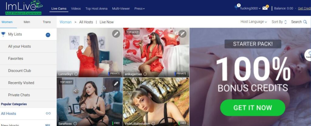 Screenshot ImLive Startseite von Cam Sites