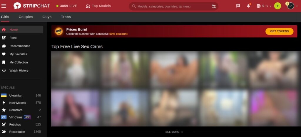StripChat Main Page Screenshot With Horny Cam Girls
