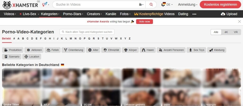 Screenshot der Xhamster-Kategorieseite